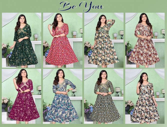 Be You By Golden Rayon Embroidery Alia Cut kurtis Catalog
